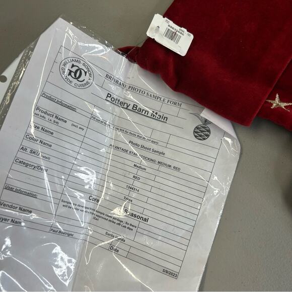 Pottery Barn Red Velvet Christmas Stocking Metallic Sewn White Stars Patriotic - Picture 3 of 4